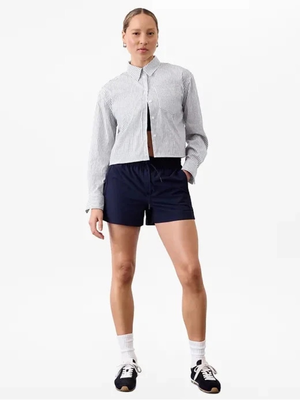 Athleta Midday Cropped Poplin Shirt chemisier court Stripe NWT - Picture 3 of 11